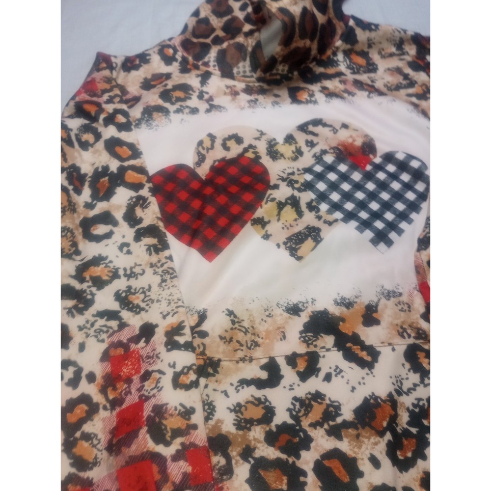 Plaid‎ Cheetah 3 Hearts Hooded Sweatshirt Kangaroo Pouch Medium